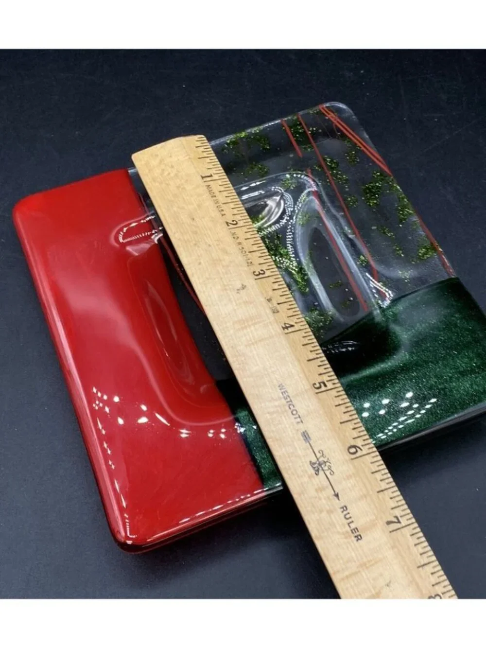 Fused Art Glass Trinket Dish Glitter Dichroic Green & Red 6” Square ￼